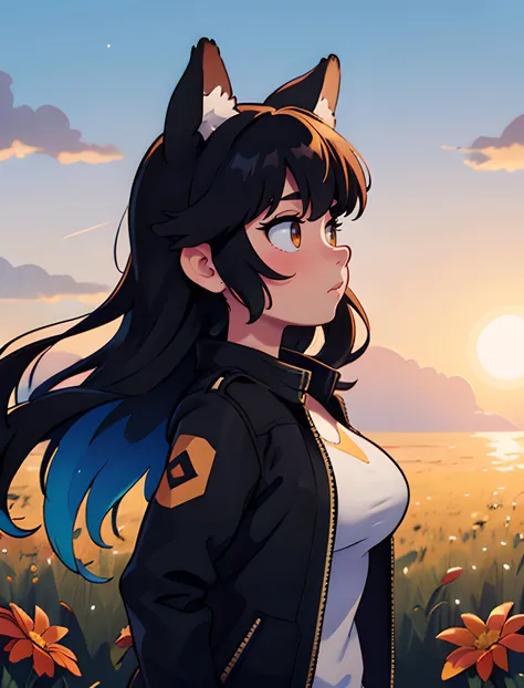 matured,big breasts,,animal ear fluff,bangs,upper body,solo,plant,sky,closed mouth,black hair,profile,black jacket,light,flower,grass,long sleeves,absurdres,nu element,glowing,gradient,standing,hair behind ear,lora,from side,nature,hair between eyes,sparkle,sun,floating hair,sunlight,silhouette,wind,lens flare,light particles,very long hair,1girl,gradient background,ocean3,field,self-upload,sunset,looking afar,nose,outdoors,animal ears,jacket,backlighting,highres,sidelocks,long hair