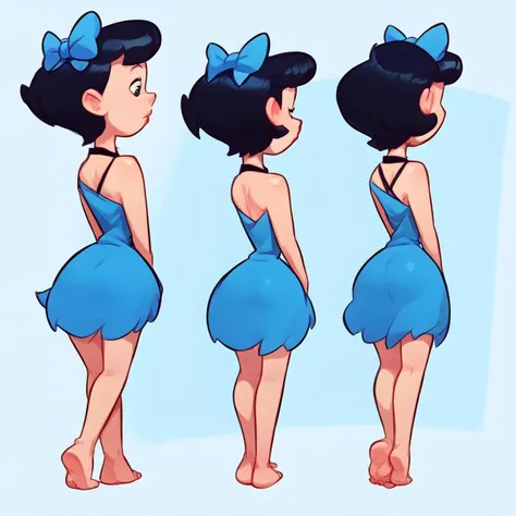score_9, score_8_up, score_7_up, source cartoon, 1girl, solo, Betty Rubble, black hair, blue dress, short hair, hair bow, black eyes, bare feet
ass view, multiple views, full body