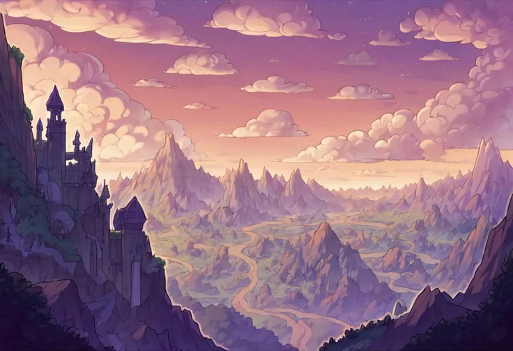 score_9, score_8_up, score_7_up, nature, landscape, castle, fantasy, purple, dawn, swirling clouds, jagged rocks, dark outline, sharp focus, dragon flying