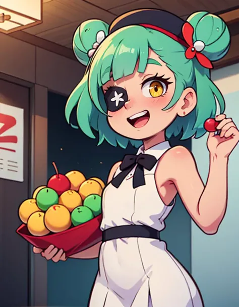 white dress,food,heaven burns red,hair bun,double bun,one eye covered,smile,open mouth,dango,oshiyoshiyon,skirt,red eyes,short hair,hat,yellow eyes,dress,medium hair,wagashi,food-themed hair ornament,yamawaki bon ivar,twintails,bungo yayoi,green hair,highres,crab claw,white hair,eyepatch,hair ornament,dango hair ornament