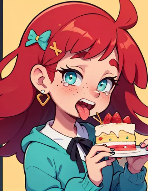 pink nails,long sleeves,solo,red hair,border,upper body,satou sugar18,highres,freckles,fruit,long hair,earrings,looking at viewer,tongue,cake,hair ornament,blush,yellow background,yellow border,tears,holding food,1girl,aqua eyes,food,black ribbon,food on face,food-themed earrings,strawberry,simple background,neck ribbon,jewelry,tongue out,ribbon,nail polish,holding