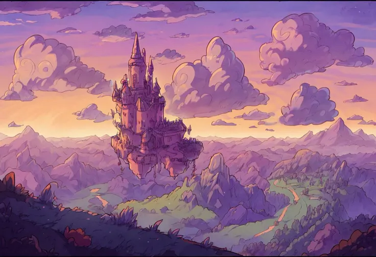 score_9, score_8_up, score_7_up, nature, landscape, castle, fantasy, purple, dawn, swirling clouds, jagged rocks, dark outline, sharp focus, dragon flying