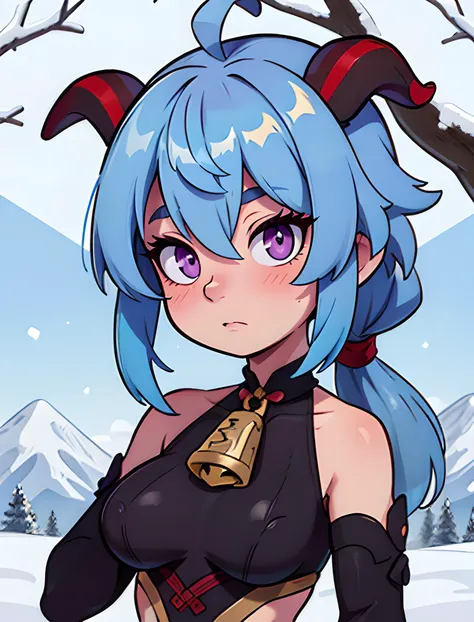 matured,bangs,troubledarkness,vision \(genshin impact\),low ponytail,horns,self-upload,divineelegancemix,snow,genshin impact,ganyu \(genshin impact\),highres,winter,1girl,purple eyes,black bodysuit,upper body,breasts,outdoors,long sleeves,goat horns,flower knot,tree,long hair,medium breasts,solo,bell,gold trim,closed mouth,ahoge,hair between eyes,bare shoulders,non-web source,blue hair,neck bell,mountain,bodysuit,sidelocks,bodystocking,detached sleeves,looking at viewer