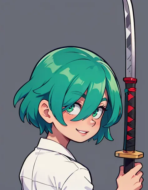 looking at viewer,uguisumaru,ringed eyes,facing away,absurdres,sword,parted lips,mizu \(vtrcz8\),hair over one eye,short hair,eyelashes,highres,weapon,from behind,upper body,male focus,looking back,green hair,lips,katana,smile,touken ranbu,green eyes,bishounen,solo,dark background,1boy,swept bangs,three quarter view