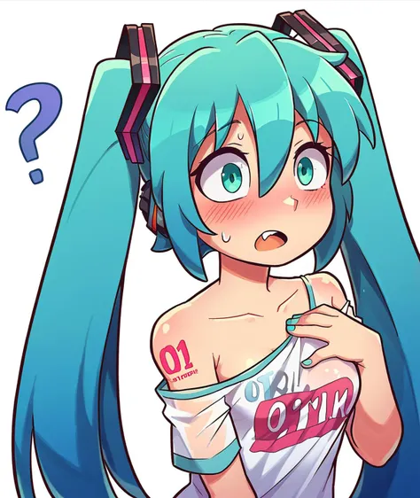score_9, score_8_up, score_7_up, ,shoulder tattoo,simple background,small breasts,single bare shoulder,self-upload,hatsune miku,collarbone,bare shoulders,skin fang,aqua eyes,?,mkbin,long hair,hand on own chest,hcnone \(style\),breasts,vocaloid,sweat,off shoulder,off-shoulder shirt,confused,open mouth,very long hair,upscaled,shirt,white background,number tattoo,see-through,white shirt,blush,tattoo,resized,hair between eyes,fang,t-shirt,upper body,short sleeves,twintails,non-web source,lora,aqua hair,solo,see-through shirt,clothes writing,controlnet,1girl,hair ornament,based mix