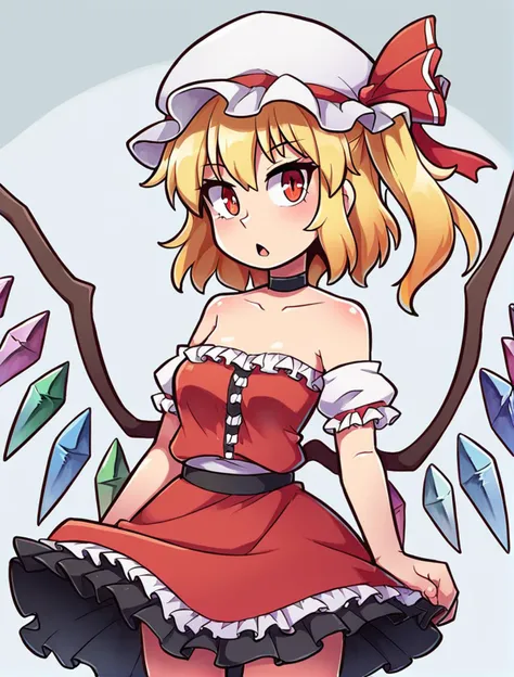 score_9, score_8_up, score_7_up, ,choker,looking at viewer,crystal,frills,blonde hair,hat,hat ribbon,muted color,one side up,judgenaegi,small breasts,open mouth,bare shoulders,anythingelse,skirt,1girl,wings,ribbon,red eyes,white headwear,breasts,flandre scarlet,cowboy shot,red ribbon,frilled skirt,solo,non-web source,mob cap,touhou