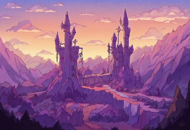 score_9, score_8_up, score_7_up, nature, landscape, castle, fantasy, purple, dawn, swirling clouds, jagged rocks, dark outline, sharp focus
