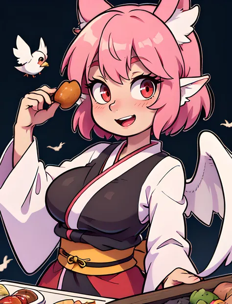 matured,big breasts,,red eyes,solo,bird ears,holding,wings,japanese clothes,chicken ghost,bird wings,mystia lorelei,wide sleeves,kimono,animal ears,food,upper body,smile,sash,pink hair,breasts,1girl,lora,touhou,short hair,open mouth,okamisty,anythingelse,cooking