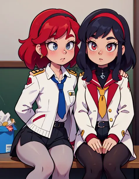 low ponytail,grey eyes,seiza,hairband,dated,red hair,muted color,suletta mercury,black hairband,multiple girls,long hair,red eyes,highres,white shorts,trash bag,shoulder boards,yuri kyanon,sitting,grey hair,crossed legs,school uniform,v-shaped eyebrows,pantyhose,miorine rembran,white jacket,asticassia school uniform,jacket,gundam,absurdres,2girls,black pantyhose,gundam suisei no majo,hair behind ear,shorts
