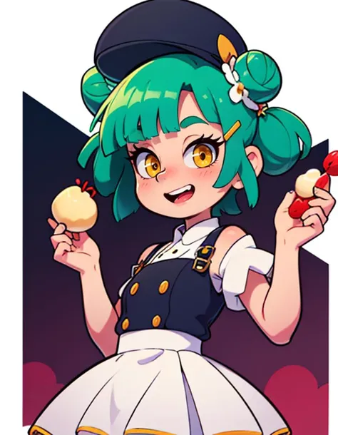 medium hair,hat,yellow eyes,heaven burns red,crab claw,green hair,wagashi,food-themed hair ornament,skirt,white hair,open mouth,dress,oshiyoshiyon,double bun,bungo yayoi,smile,highres,short hair,hair bun,dango,yamawaki bon ivar,dango hair ornament,one eye covered,hair ornament,food,eyepatch,red eyes,white dress,twintails
