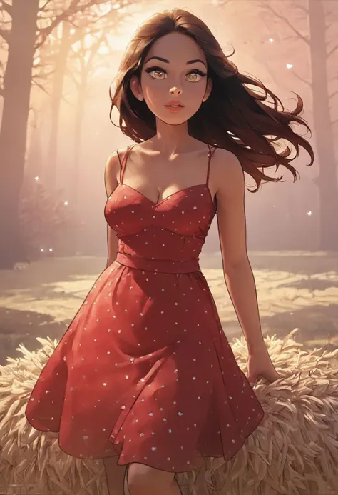 score_9, score_8_up, score_7_up, score_6_up, score_5_up, score_4_up, sexy, cartoon of best quality, detailed, 1girl, solo, lnlng, long dark brown hair, brown eyes, red summer dress, field, trees, hay, beautiful cinematic lighting, volumetric lighting, dramatic lighting, shadow and light, backlight, floating glowing neon hearts, aesthetic, masterpiece
