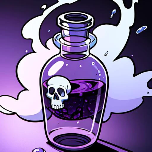 purple background, gameicon, bottle with purplewater, skull,  ((purple smokes background):1.2), bubbles on water,   ((best quality, masterpiece, absurdres):1.2)