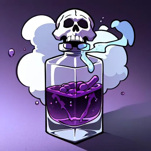 purple background, gameicon, bottle with purplewater, skull,  ((purple smokes background):1.2), bubbles on water,   ((best quality, masterpiece, absurdres):1.2)