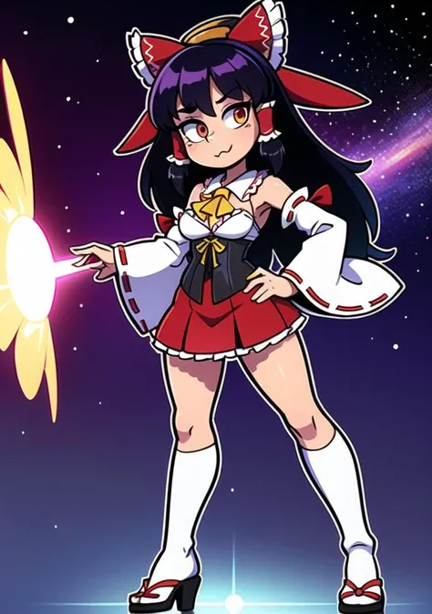 <lora:AMechaSSS[color_theme,mecha musume, mechanical parts,robot joints,headgear]>,masterpiece,best quality,ultra-detailed,very detailed illustrations,extremely detailed,intricate details,highres,super complex details,extremely detailed 8k cg wallpaper,(hakurei reimu:1.3),red skirt,navel,caustics,reflection,ray tracing,nebula,dark aura,cyber effect,(1girl:1.4),solo,alone,mecha musume,mechanical parts,headgear,mechanical halo,star halo,(intricate mechanical bodysuit:0.8),mecha corset,bow,detached sleeves,(gohei:1.3),hair between eyes,multicolored hair,colored inner hair,red eyes,glowing eye,eye trail,random expressions,random action,ancient japanese architecture,pond,starry sky,skyline,
full body,cyberpunk,