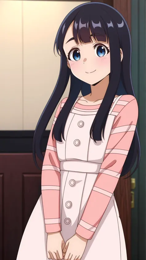 (masterpiece,best quality,Ultra high definition eyes,8k,Beautiful detailed eyes,Fine and beautiful eyes,finely detail,extremely CG, absurdres,high resolution,illustration,Detailed and beautiful outlines,finely detail,high resolution,illustration,colorful refraction:1.4),(looking at viewer,Increase saturation,Glowing skin,Taut skin,Glossy skin:1.2),beautiful lighting,dynamic lighting,closed room,smile, long hair, blue eyes, black hair, looking at viewer, striped, dress, blush, striped shirt, shirt, long sleeves, <lora:koyuzu:0.8>,
