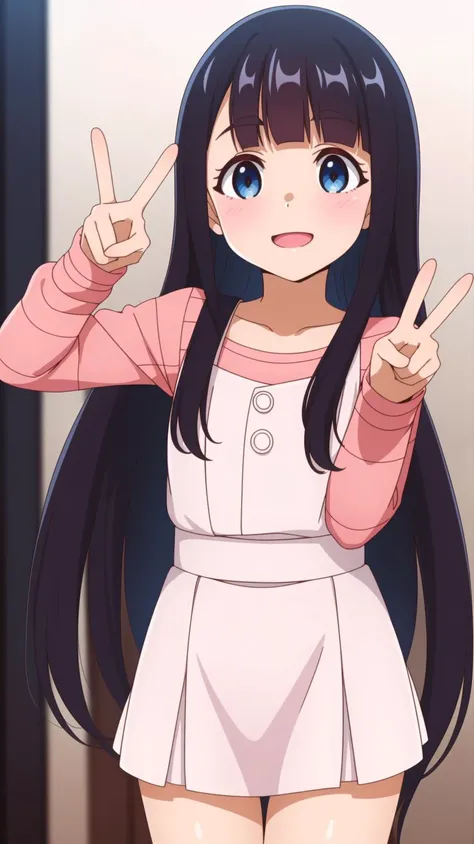 (very short pleated miniskirt,open mouth,V-sign,peace sign,happy smile,:1.2), <lora:koyuzu:0.6>,long hair, blue eyes, black hair, striped, dress, blush, striped shirt, shirt, long sleeves,