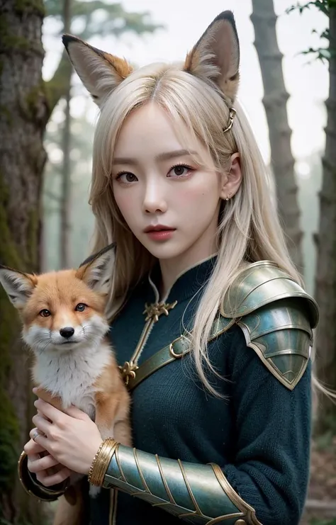 kimtaeyeon,woman holding fox, fox ears, blue, gold, white, purpple, dragon scaly armor, forest background, fantasy style, (dark shot:1.17), epic realistic, faded, ((neutral colors)), art, (hdr:1.5), (muted colors:1.2), hyperdetailed, (artstation:1.5), cinematic, warm lights, dramatic light, (intricate details:1.1), complex background, (rutkowski:0.8), (teal and orange:0.4), colorfull, (natural skin texture, hyperrealism, soft light, sharp:1.2), (intricate details:1.12), hdr, (intricate details, hyperdetailed:1.15), white hair,<lora:kimtaeyeon-byhighwizardSver:1>