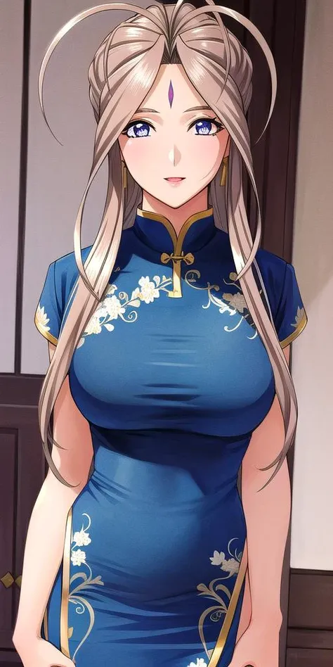 Belldandy, Large Breasts(((Full and soft breasts,)))(((Huge breasts))) (((Cleavage))), permanent, Solitary, cheongsam,, masterpiece, best quality, Delicate face, Delicate eyes, high resolution,