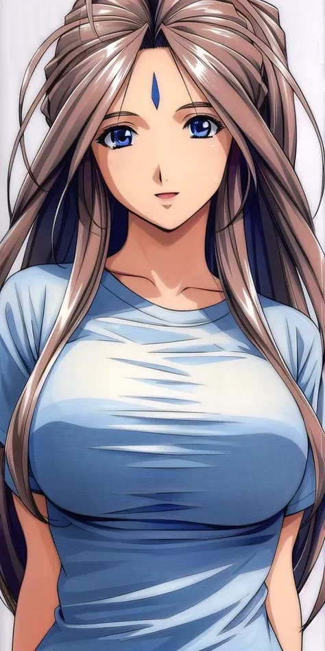 belldandy, large breasts, standing, solo, denim shorts, t-shirt,, masterpiece, best quality, detailed face, detailed eyes, highres,