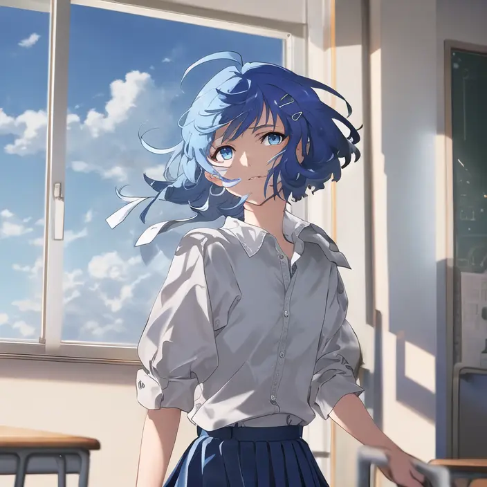 masterpiece, best quality, ultra-detailed, illustration, disheveled hair, dynamic_angle, intricate_details, detailed *sth*, delicate_facial_features, sidelighting, colorful,lightblue_hair, lightblue_eyes, short_hair, bangs, beautiful_eyes, 1girl, solo, cowboy_shot, school_uniform, looking at viewer, collapsed_classroom, hairclip, nebula, cloud, flat_color, windows,,<lora:mai5:1>