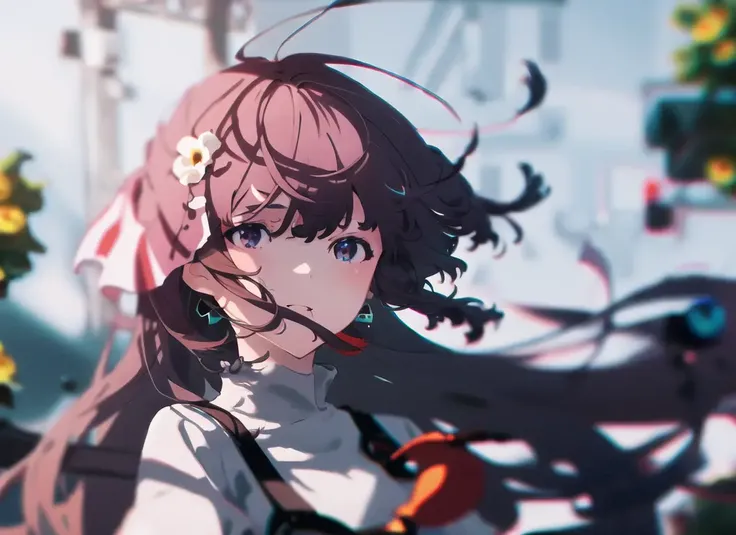 1girl, floating hair,chromatic aberration, blurry, bowdepth of field, flower,<lora:mai5:1>