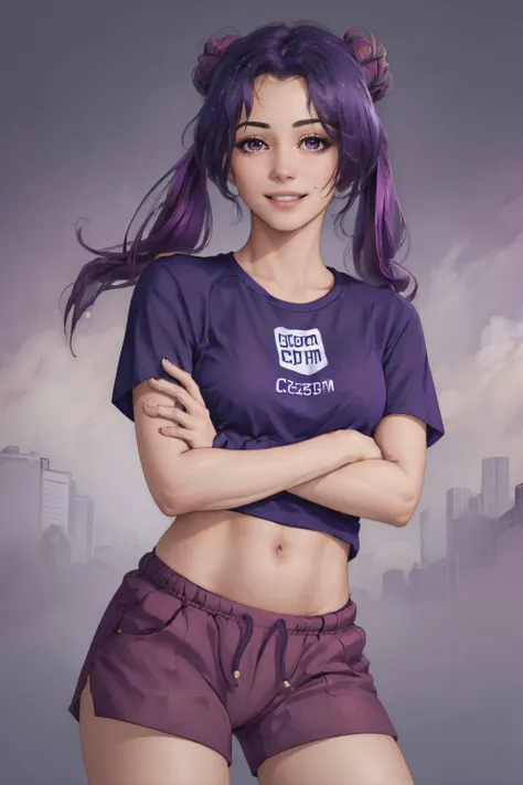 (masterpiece, best quality:1.2), <lora:chanthology_gogchan:1.0>, cowboy shot, solo, 1girl, gog-chan, smile, looking at viewer, crossed arms, twintails, double bun, purple shirt, purple shorts, midriff
