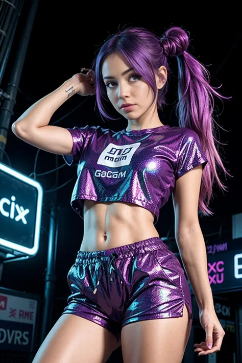 Gorgeous gamer girl in her 30s wearing led lit clothes, multicolored led shirt & trousers, multi colored hair, very long hair, curvy body, posing to a camera, detailed eyes, detailed face, detailed hands, seductive smile