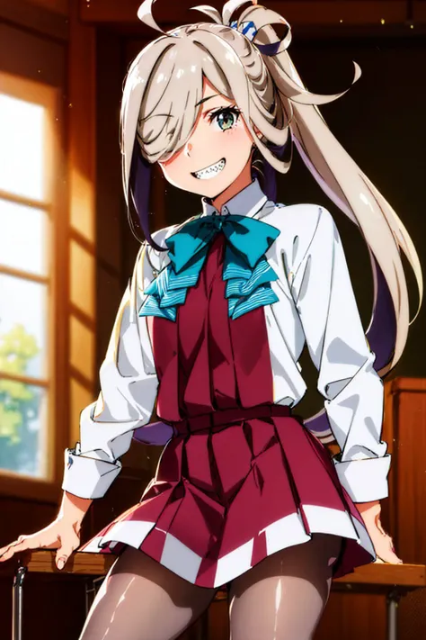 (masterpiece, best quality:1.2), <lyco:kancolle_asashimo-11:1.0>, cowboy shot, solo, 1girl, asashimo, sharp teeth, grin, looking at viewer, hair over one eye, ahoge, ponytail, school uniform, halterneck, grey pantyhose