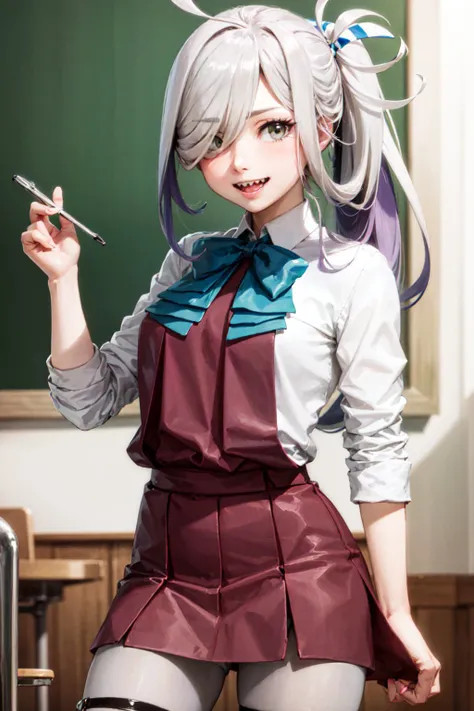 (masterpiece, best quality:1.2), <lyco:kancolle_asashimo-11:1.0>, cowboy shot, solo, 1girl, asashimo, sharp teeth, grin, looking at viewer, hair over one eye, ahoge, ponytail, school uniform, halterneck, grey pantyhose