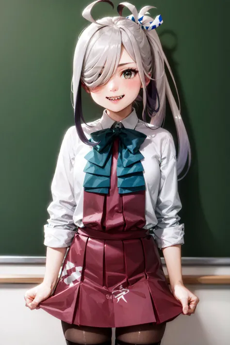 (masterpiece, best quality:1.2), <lyco:kancolle_asashimo-11:1.0>, cowboy shot, solo, 1girl, asashimo, sharp teeth, grin, looking at viewer, hair over one eye, ahoge, ponytail, school uniform, halterneck, grey pantyhose