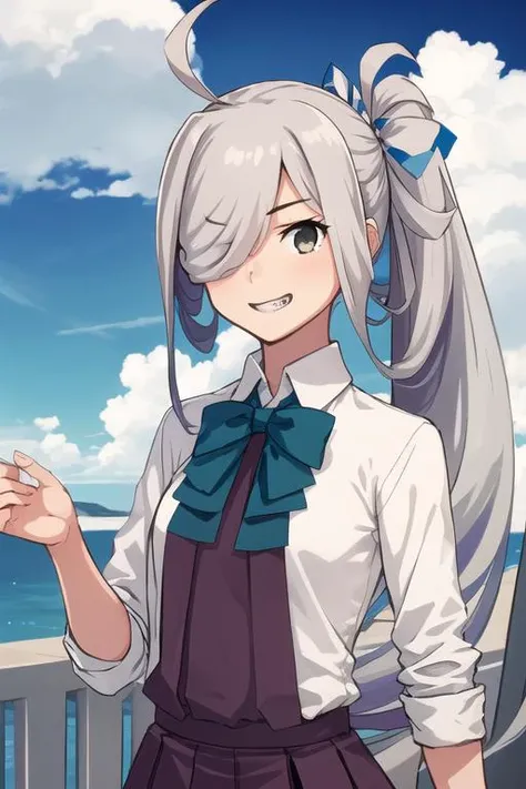 masterpiece, best quality,
1girl, solo,, <lora:konishi_lora_v2-000012:0.8>
(sky, cloud:1.4), upper_body,
smile,
<lora:kancolle_asashimo-11:1>
asashimo, sharp teeth, hair over one eye, ahoge, ponytail,
school uniform, halterneck, grey pantyhose,