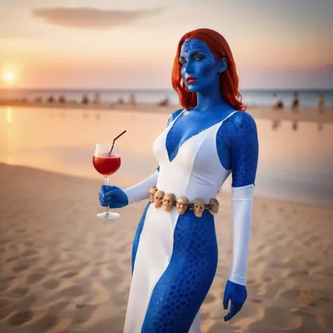 cinematic photo a full body woman with blue body paint and red hair, white dress with a belt, having a cocktail, beach, sunset <lora:Mystique1024:0.9> . 35mm photograph, film, bokeh, professional, 4k, highly detailed