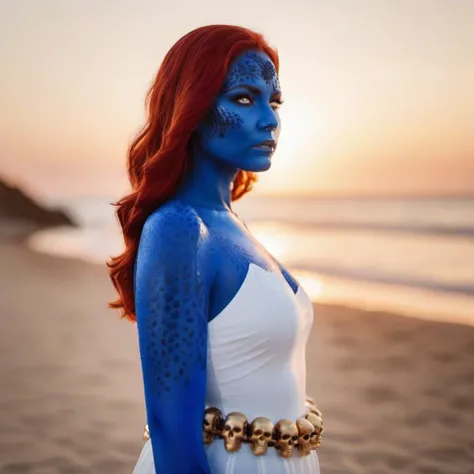cinematic portrait of woman with blue body paint and red hair, white dress with a belt, beach, sunset <lora:Mystique1024:0.8> . 35mm photograph, film, bokeh, professional, 4k, highly detailed