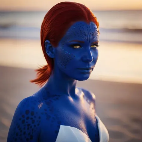 cinematic close up face portrait of woman with blue body paint and red hair, white dress with a belt, beach, sunset <lora:Mystique1024:0.8> . 35mm photograph, film, bokeh, professional, 4k, highly detailed