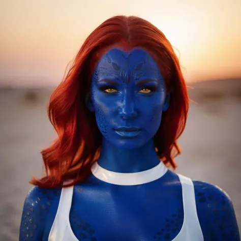 cinematic close up face portrait of woman with blue body paint and red hair, white dress with a belt, beach, sunset <lora:Mystique1024:0.8> . 35mm photograph, film, bokeh, professional, 4k, highly detailed