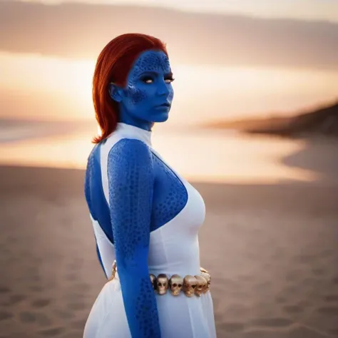 cinematic portrait of woman with blue body paint and red hair, white dress with a belt, beach, sunset <lora:Mystique1024:0.8> . 35mm photograph, film, bokeh, professional, 4k, highly detailed