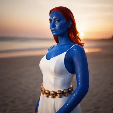 cinematic portrait of woman with blue body paint and red hair, white dress with a belt, beach, sunset <lora:Mystique1024:0.8> . 35mm photograph, film, bokeh, professional, 4k, highly detailed