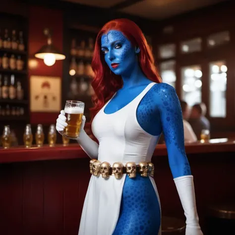 cinematic photo a full body woman with blue body paint and red hair, white dress with a belt, having a beer in a pub <lora:Mystique1024:0.8> . 35mm photograph, film, bokeh, professional, 4k, highly detailed