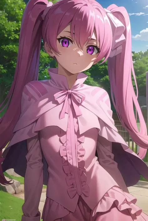 agkmine, <lora:agk mine s1-lora-nochekaiser:1>,
mine, long hair, twintails, pink hair, (pink eyes:1.3),
BREAK dress, pantyhose, pink dress, capelet, pink capelet, pink skirt, skirt, long sleeves,
BREAK outdoors, nature, forest, trees, grass, sky, clouds,
BREAK looking at viewer, (cowboy shot:1.5),
BREAK <lyco:GoodHands-beta2:1>, (masterpiece:1.2), best quality, high resolution, unity 8k wallpaper, (illustration:0.8), (beautiful detailed eyes:1.6), extremely detailed face, perfect lighting, extremely detailed CG, (perfect hands, perfect anatomy),