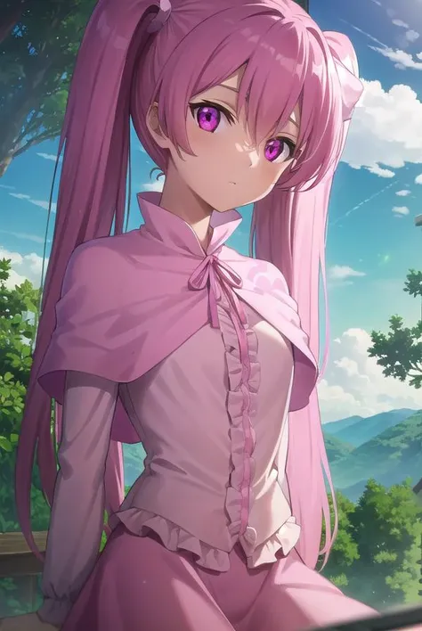agkmine, <lora:agk mine s1-lora-nochekaiser:1>,
mine, long hair, twintails, pink hair, (pink eyes:1.3),
BREAK dress, pantyhose, pink dress, capelet, pink capelet, pink skirt, skirt, long sleeves,
BREAK outdoors, nature, forest, trees, grass, sky, clouds,
BREAK looking at viewer, (cowboy shot:1.5),
BREAK <lyco:GoodHands-beta2:1>, (masterpiece:1.2), best quality, high resolution, unity 8k wallpaper, (illustration:0.8), (beautiful detailed eyes:1.6), extremely detailed face, perfect lighting, extremely detailed CG, (perfect hands, perfect anatomy),