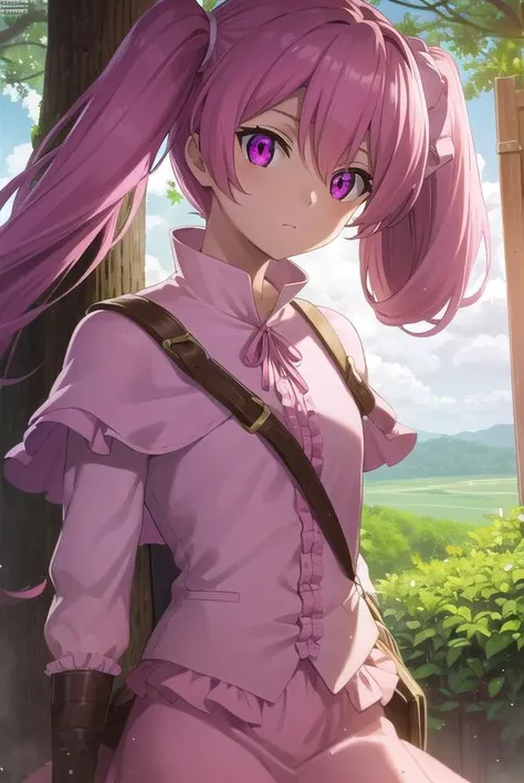 agkmine, <lora:agk mine s1-lora-nochekaiser:1>,
mine, long hair, twintails, pink hair, (pink eyes:1.3),
BREAK dress, pantyhose, pink dress, capelet, pink capelet, pink skirt, skirt, long sleeves,
BREAK outdoors, nature, forest, trees, grass, sky, clouds,
BREAK looking at viewer, (cowboy shot:1.5),
BREAK <lyco:GoodHands-beta2:1>, (masterpiece:1.2), best quality, high resolution, unity 8k wallpaper, (illustration:0.8), (beautiful detailed eyes:1.6), extremely detailed face, perfect lighting, extremely detailed CG, (perfect hands, perfect anatomy),