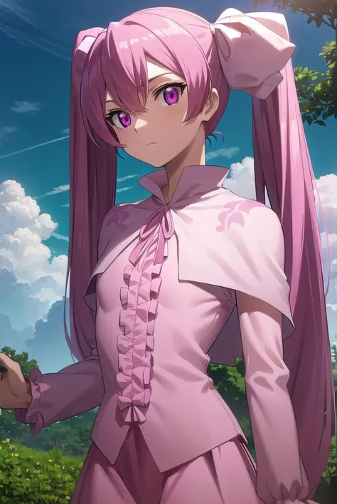 agkmine, <lora:agk mine s1-lora-nochekaiser:1>,
mine, long hair, twintails, pink hair, (pink eyes:1.3),
BREAK dress, pantyhose, pink dress, capelet, pink capelet, pink skirt, skirt, long sleeves,
BREAK outdoors, nature, forest, trees, grass, sky, clouds,
BREAK looking at viewer, (cowboy shot:1.5),
BREAK <lyco:GoodHands-beta2:1>, (masterpiece:1.2), best quality, high resolution, unity 8k wallpaper, (illustration:0.8), (beautiful detailed eyes:1.6), extremely detailed face, perfect lighting, extremely detailed CG, (perfect hands, perfect anatomy),