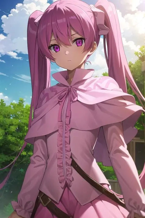agkmine, <lora:agk mine s1-lora-nochekaiser:1>,
mine, long hair, twintails, pink hair, (pink eyes:1.3),
BREAK dress, pantyhose, pink dress, capelet, pink capelet, pink skirt, skirt, long sleeves,
BREAK outdoors, nature, forest, trees, grass, sky, clouds,
BREAK looking at viewer, (cowboy shot:1.5),
BREAK <lyco:GoodHands-beta2:1>, (masterpiece:1.2), best quality, high resolution, unity 8k wallpaper, (illustration:0.8), (beautiful detailed eyes:1.6), extremely detailed face, perfect lighting, extremely detailed CG, (perfect hands, perfect anatomy),
