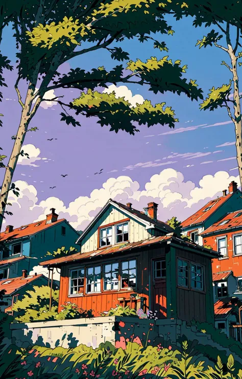 tree, no humans, scenery, outdoors, sky, cloud, building, sign, house, window, plant, cloudy sky, bush, sunset<lora:line illustrationa_20230901192549:0.83>