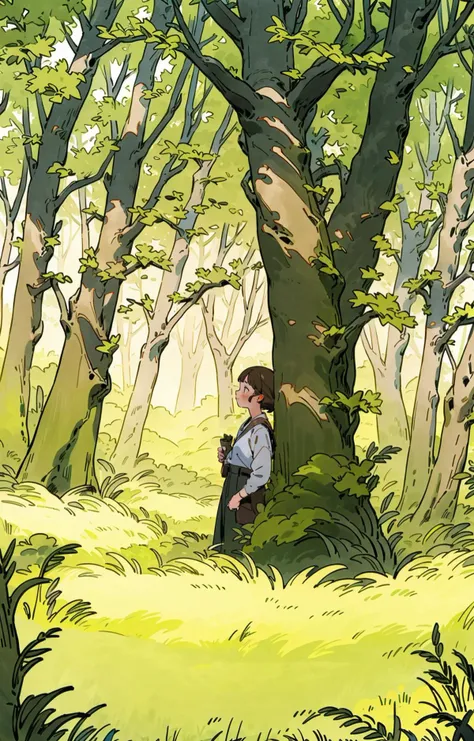 outdoors, nature, solo, 1girl, tree, grass, day, blush, forest, traditional media, brown hair <lora:line illustrationa_20230901192549:0.75>