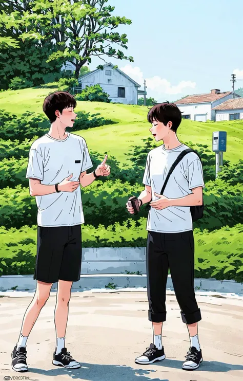 multiple boys, tree, 2boys, shirt, backpack, black hair, male focus, shorts, outdoors, white shirt, bag, pointing, short hair, short sleeves, smile, black shorts, day, vest, standing, socks, closed eyes, open mouth<lora:line illustrationa_20230901192549:0.83>