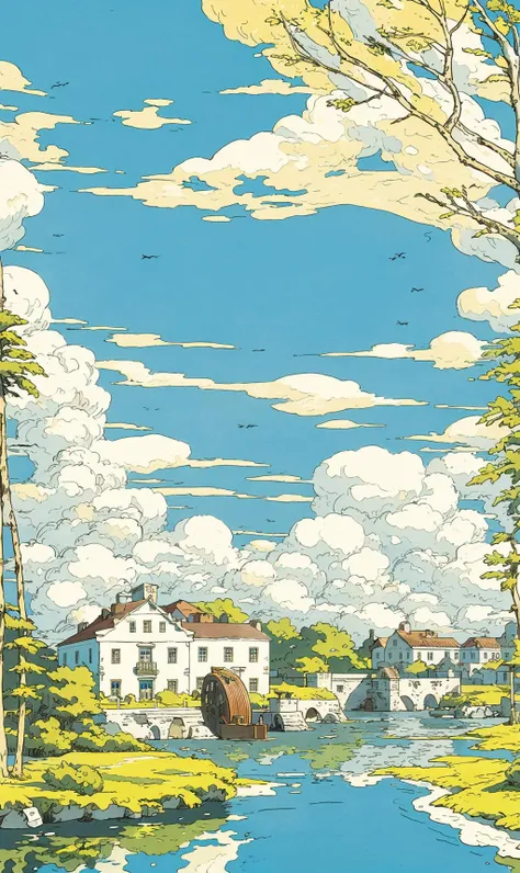 There is a painting of a river running through a rural area - SeaArt AI
