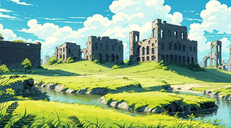 masterpiece, best quality, ultra-detailed, illustration,Perfect detail, super wide angle, strong perspective, otherworldly, grasslands, ruins, western fantasy, daytime, CG games, Zelda <lora:line illustrationa_20230901192549:0.7>