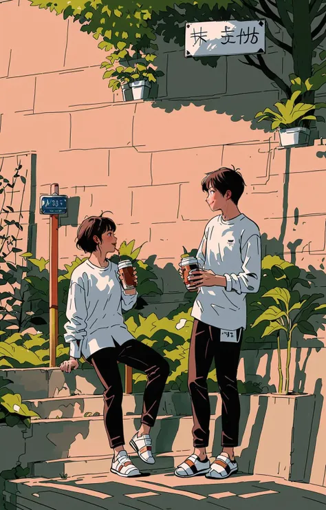 pants, shirt, sign, tree, outdoor, holding, sitting, multiple girls, can, day, bush, white shirt, sandals, stairs, wide angle lens, brown hair, signpost, standing, shoes, looking at another, black hair, railing, long sleeves, plants, black pants, sneakers, bag, smile, holding cup, profile, full length, short hair, cup, drink, bangs, sunshine, jacket, holding drink, bottle, sunset<lora:line illustrationa_20230901192549:0.83>