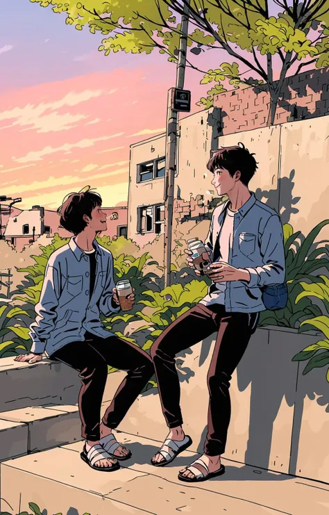 pants, shirt, sign, tree, outdoor, holding, sitting, multiple boys, can, day, bush, white shirt, sandals, stairs, wide angle lens, brown hair, signpost, standing, shoes, looking at another, black hair, railing, long sleeves, plants, black pants, sneakers, bag, smile, holding cup, profile, full length, short hair, cup, drink, bangs, sunshine, jacket, holding drink, bottle, sunset<lora:line illustrationa_20230901192549:0.83>
